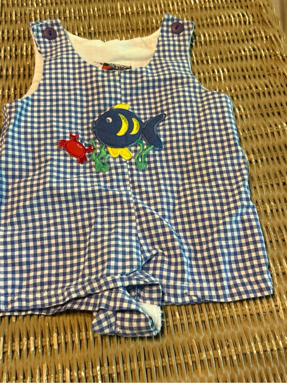Good Lad Blue Gingham Fish & Crab Appliqué One-Piece
